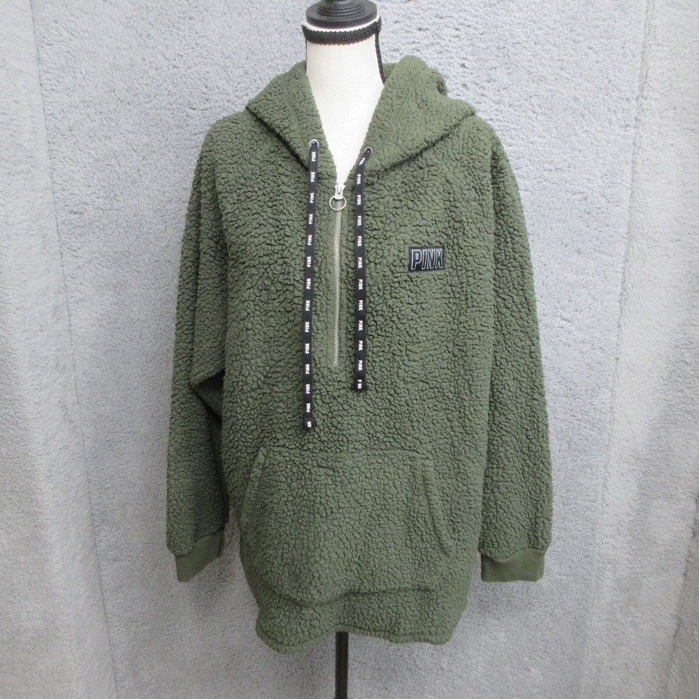 PINK Victorias Secret Hoodie Womens L Green Sherpa Fleece 1/4 Zip Pullover